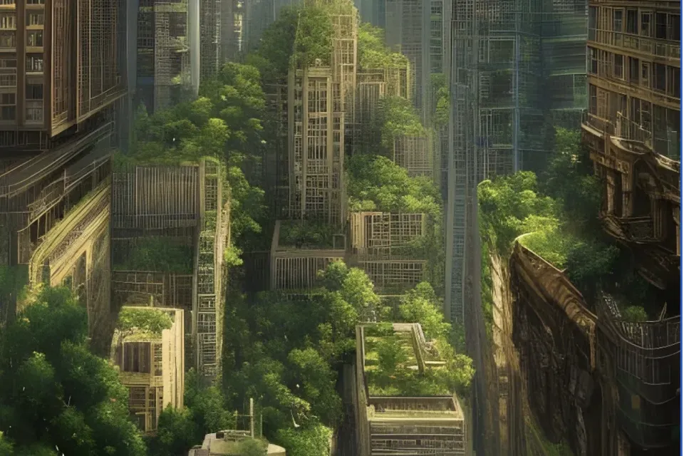 A futuristic version of New York City, with plants growing neatly on top of modern skycrapers.